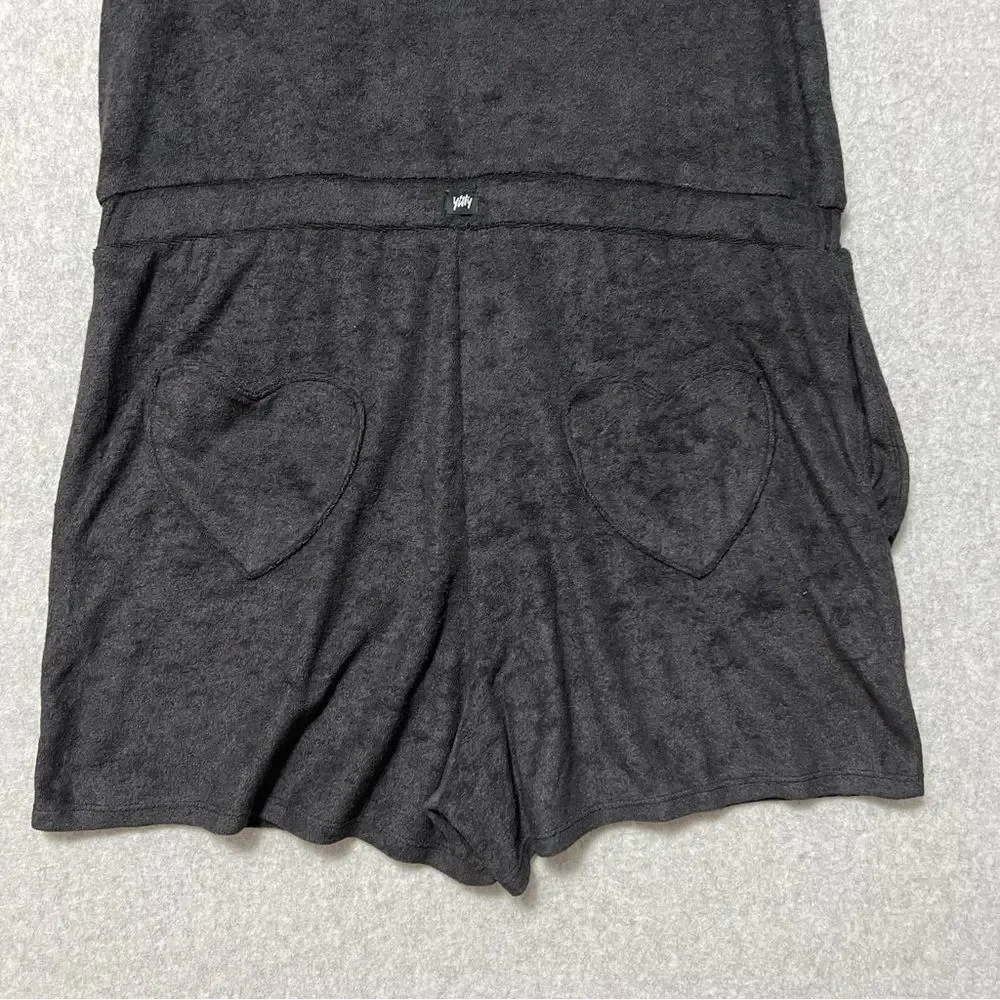 YITTY Terry Cloth Romper Size XL Black Hooded Zip Up Elastic Waist Athleisure - Picture 10 of 13